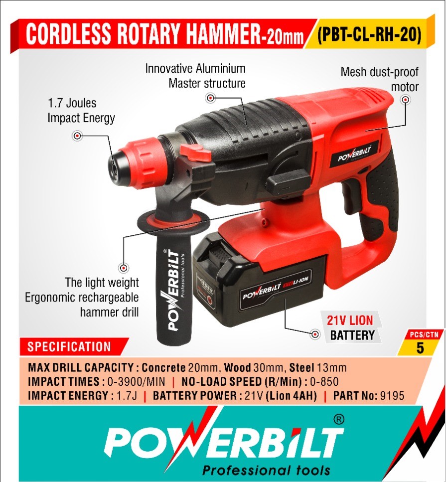 Powerbilt Cordless 20mm Rotary Hammer Drill 21V