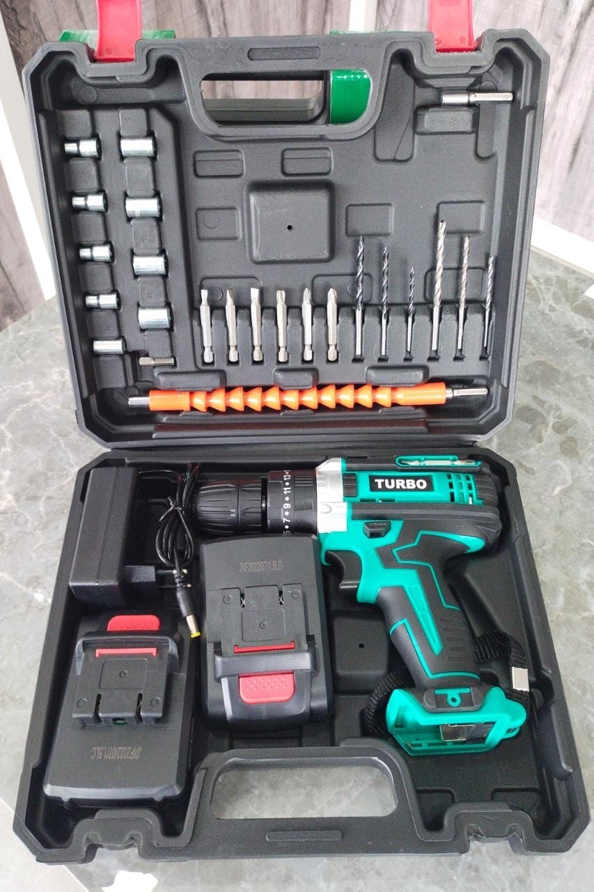 Turbo 21V Cordless Drill Kit with 2 Batteries, Charger and 24 Bits